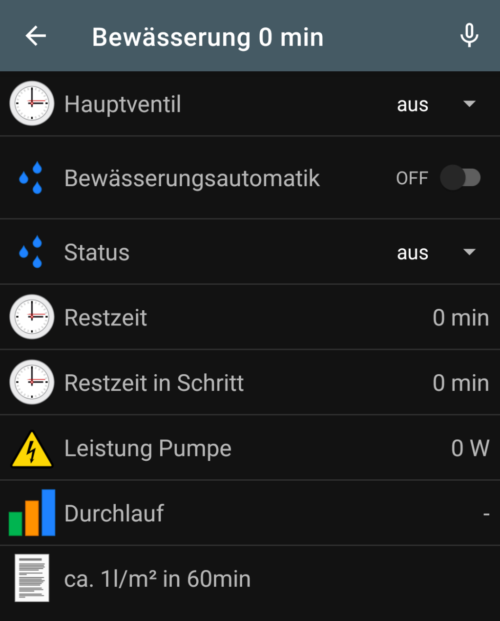 Screenshot of the openHAB app with buttons to control the irrigation system.