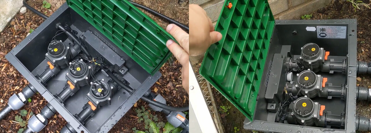 Photos of the two green boxes that house three valves each.