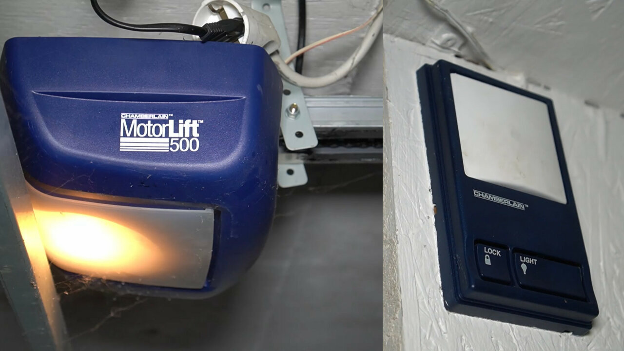 Photo of the garage door opener and the push button.