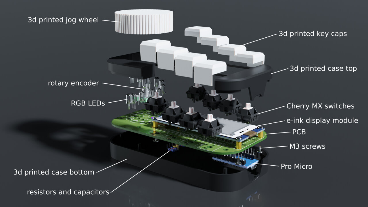 Rendered explosion view of the device with all components hovering above the PCB, including the case.