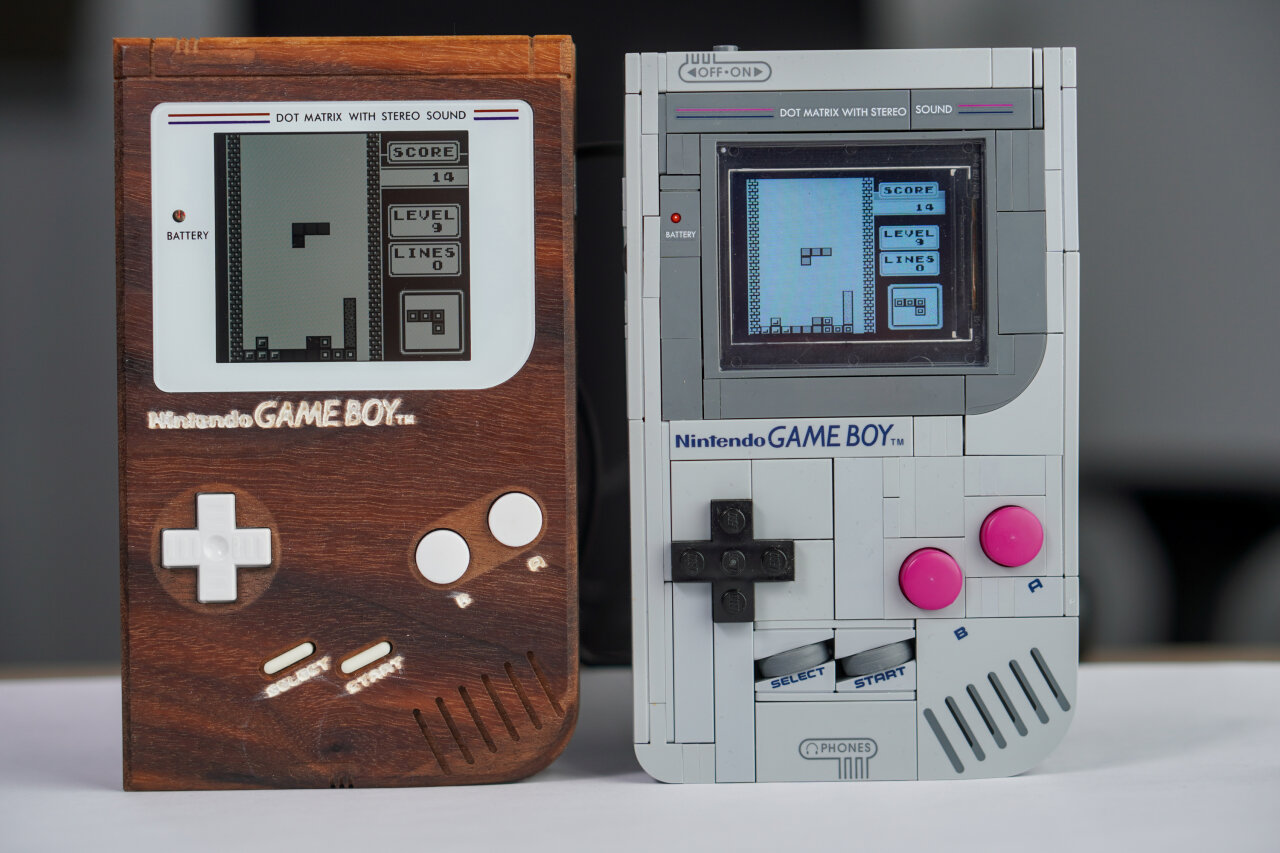 Photo of the wooden Game Boy next to the modified Lego Game Boy